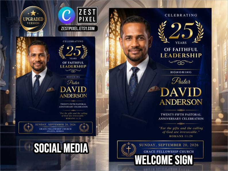 Editable church program template with portrait photography, gold wreath graphics, and anniversary wording.