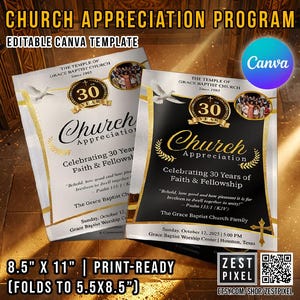 May include: Two brochures for a church appreciation program. The brochures are white and black with gold accents. Text includes "Church Appreciation" and "Celebrating 30 Years of Faith & Fellowship". The brochures measure 8.5" x 11" and fold to 5.5" x 8.5".