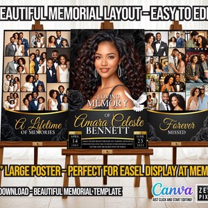 Elegant black gold funeral collage poster template with dove and floral accents
