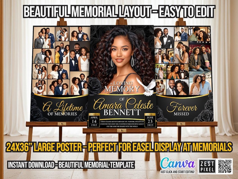 Elegant black gold funeral collage poster template with dove and floral accents