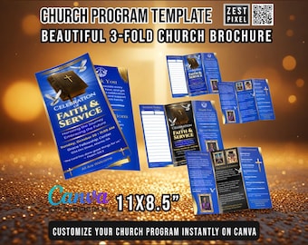 Church Program Template 11x8.5 Trifold | Editable Canva Church Brochure | Printable Religious Service Flyer
