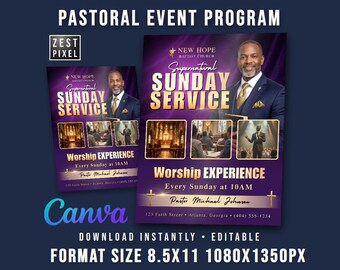 Editable Church Flyer Canva Template, Sunday Worship Service Bulletin 8.5x11 Design