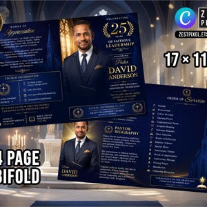 Elegant church anniversary Canva template with pastor portrait, gold typography, and cathedral-inspired background.