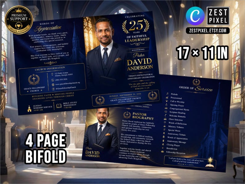Elegant church anniversary Canva template with pastor portrait, gold typography, and cathedral-inspired background.