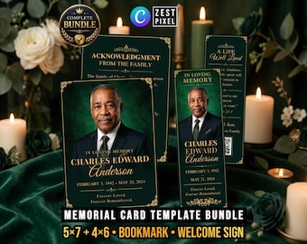 Emerald Funeral Prayer Card Bundle, Memorial Bookmark, Celebration of Life Editable Canva Keepsake