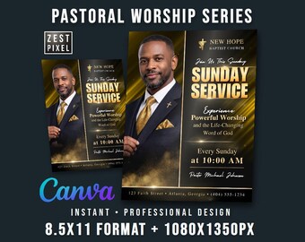 Church Service Flyer Template, Editable Canva Sunday Worship Bulletin 8.5x11 Design