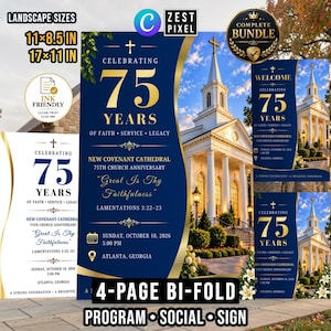 Puede incluir: Un paquete de programa para el 75 aniversario de una iglesia con diseño azul oscuro y dorado con una imagen de catedral. El texto incluye CELEBRATING 75 YEARS OF FAITH SERVICE LEGACY, NEW COVENANT CATHEDRAL y Great Is Thy Faithfulness, LAMENTATIONS 3:22-23.