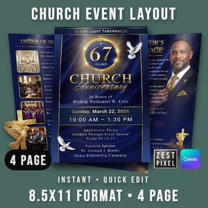 May include: A four-page church event layout with a navy blue and gold color scheme. The design includes images, text, and the words "Church Anniversary" and "Instant Quick Edit". The layout is 8.5x11 format.