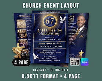 Church Anniversary Program Template (Editable Canva), Worship Service Bulletin 4 Page 8.5x11