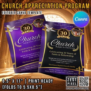 Church Appreciation Program | Editable 4 Page Canva Template | 8.5x11 in Pastor Anniversary Brochure | Printable Worship Service Program