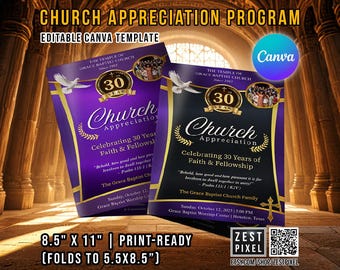 Church Appreciation Program Canva Template, Anniversary Service Program, Editable Bifold 8.5x11
