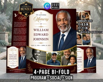 Funeral Program Bundle, 4 Page Bifold Memorial Template, Canva Editable, Welcome Sign