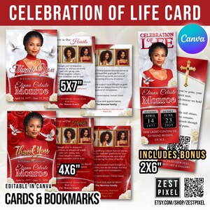 Op de afbeelding: Een verzameling rode en witte Celebration of Life kaarten en bladwijzers. De kaarten bevatten een foto van Eliana Celeste Monroe, duiven en de tekst "Thank You". Maten zijn 5x7", 4x6" en 2x6".