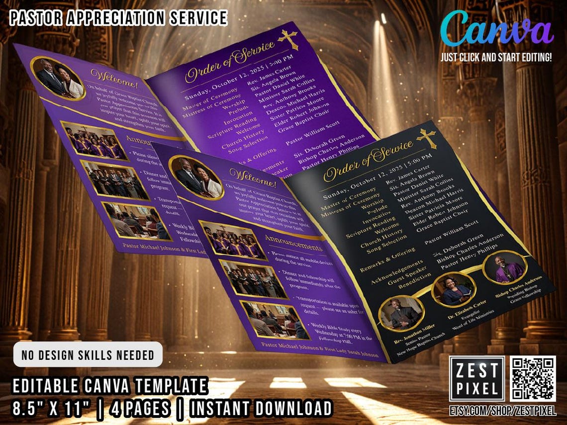 Editable Pastor Appreciation Program Template | Canva Church Service ...
