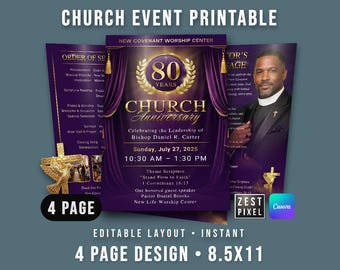 Purple Gold Church Anniversary Program (Editable with Canva), Sunday Worship Bulletin 4 Page 8.5x11