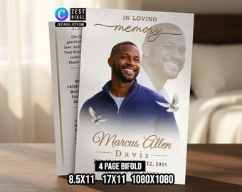 Editable Funeral Program Canva Template, 4 Page Bifold Memorial Service, Celebration of Life Printable