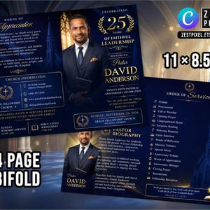 Celebration of life style church program design honoring 25 years of ministry with editable bifold layout.