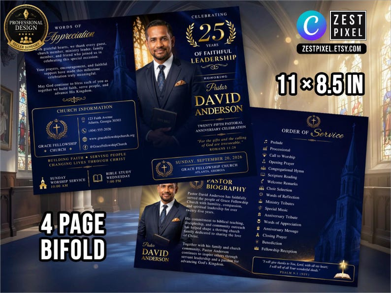 Celebration of life style church program design honoring 25 years of ministry with editable bifold layout.
