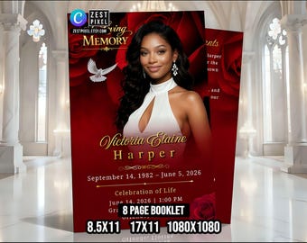 Red Rose Funeral Program Template | Editable Memorial Booklet (8 Page)