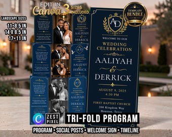 Navy Wedding Program Template, Editable Canva Trifold Ceremony Order of Service, Classic Monogram