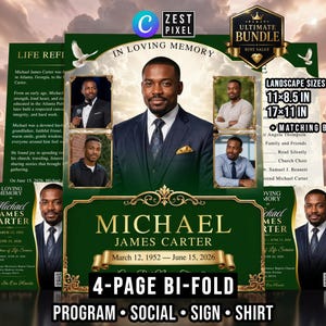 Puede incluir: Una plantilla de programa funerario con fondo verde oscuro y detalles dorados. El diseño incluye varias fotos de un hombre con traje, el texto IN LOVING MEMORY, MICHAEL JAMES CARTER y fechas. Muestra los tamaños 11x8.5 IN y 17x11 IN.