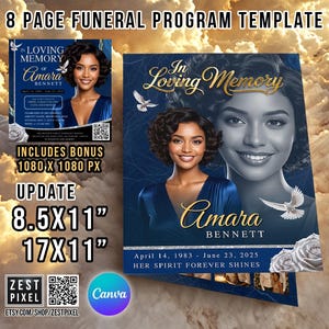 Può includere: Un modello di programma funebre con il testo "8 PAGE FUNERAL PROGRAM TEMPLATE". Il design presenta un ritratto di donna, il nome "Amara Bennett" e il testo "In Loving Memory". Il modello è disponibile nei formati 21,59x27,94 cm e 43,18x27,94 cm.