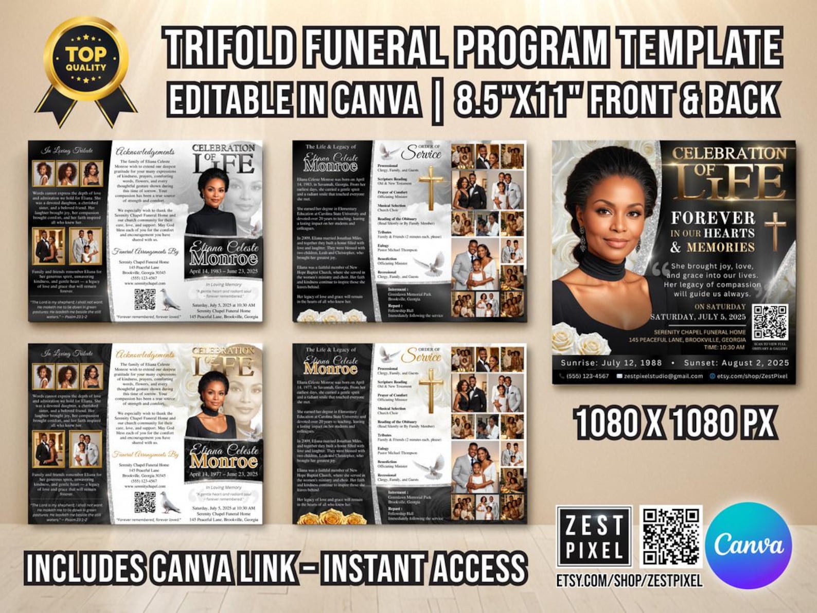 Trifold Funeral Program Template Canva | Celebration of Life Brochure ...