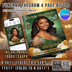 Elegant Funeral Program Template | 4-Page Bifold, Canva Editable (Social Media Bonus)