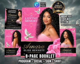 Funeral Program Booklet Template Bundle, Pink Memorial Canva Design Instant Download