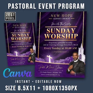 Könnte beinhalten: Zwei lila und goldene Eventprogramm-Flyer mit dem Text "Sunday Worship" und "New Hope Baptist Church". Die Flyer enthalten ein Foto eines Mannes und eine Kirchenillustration. Die Flyer sind in 21,59 x 27,94 cm und 1080x1350px erhältlich.