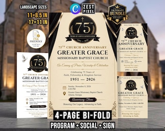 Black Gold Church Anniversary Bundle | Bi Fold Program, Social Post and Welcome Sign