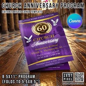 Church Anniversary Bifold Program | Pastoral Anniversary 4 Page Canva Template | Editable 8.5x11” Program