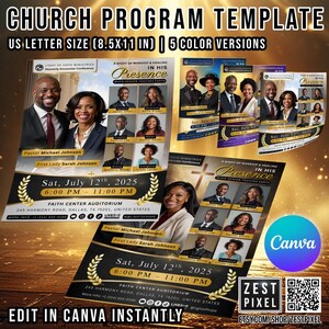Puede incluir: Plantilla de programa de iglesia en tamaño US Letter (21,6 x 27,9 cm) con 5 versiones de color. El diseño presenta fotos de personas, detalles del evento y el texto "IN HIS Presence". El evento está programado para el 12 de julio de 2025 en el Faith Center Auditorium.