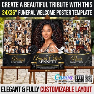 24x36 black gold funeral poster collage Canva template with photo tribute layout