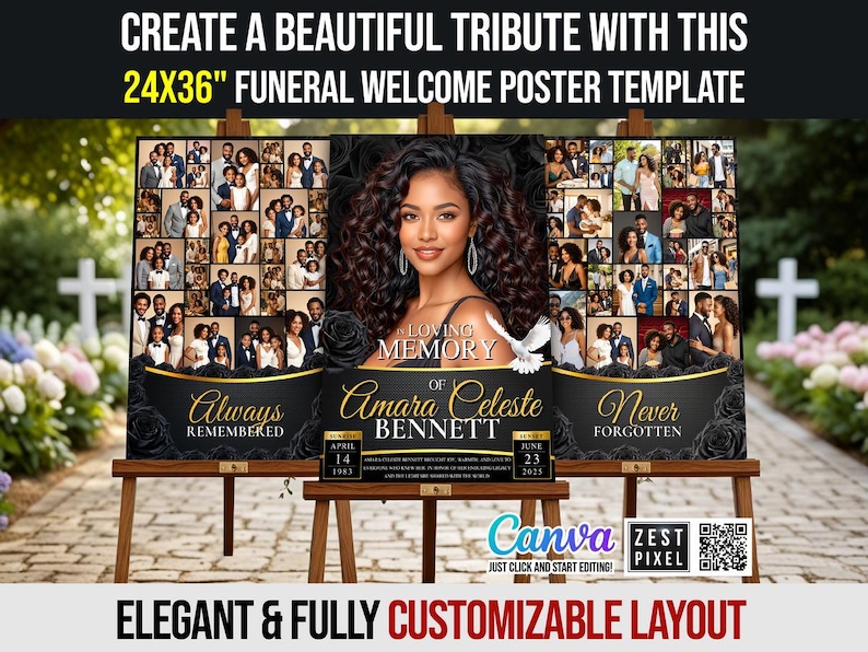 24x36 black gold funeral poster collage Canva template with photo tribute layout