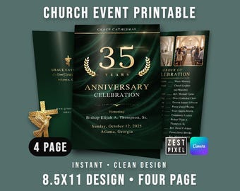 Church Anniversary Program Canva Editable, 4 Page Worship Service Bulletin 8.5x11
