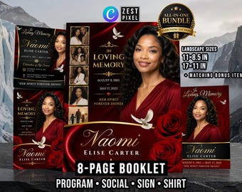 Red Funeral Program Template, 8 Page Memorial Booklet, Editable Canva Bundle