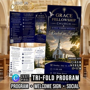 Modello per il programma della chiesa della Marina, bollettino del servizio domenicale, pacchetto di brochure di culto a tre ante modificabili in Canva