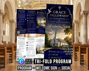 Navy Church Program Template, Sunday Service Bulletin, Editable Canva Trifold Worship Brochure Bundle