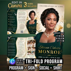 Puede incluir: Una plantilla de programa funerario de tres pliegues con el retrato de una persona en un vestido verde oscuro con texto dorado que dice Celebration of Life, Eliana Celeste Monroe y fechas. Incluye secciones para información del servicio.