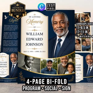 Op de afbeelding: Een sjabloonpakket voor uitvaartprogramma's met een donkerblauw en crèmekleurig schema met gouden accenten. Het ontwerp bevat meerdere fotoplaatsaanduidingen en tekstvelden voor "In Loving Memory of William Edward Johnson".