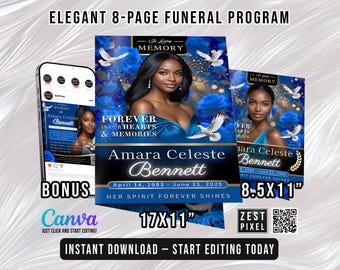 8 Page Funeral Program, Canva Obituary Booklet, Bifold Memorial Template