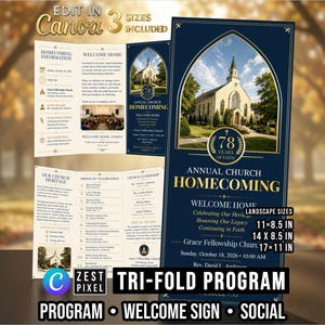 May include: A navy blue and white tri-fold church program template featuring a photograph of a stone church building, gold text reading Annual Church Homecoming, 78 Years of Faith, and details for Sunday, October 18, 2026, at 10:00 AM.