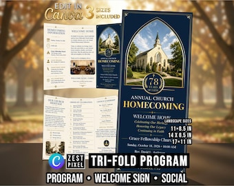 Church Homecoming Program Template, Navy Blue Gold Canva Tri Fold, Welcome Sign, Social Media