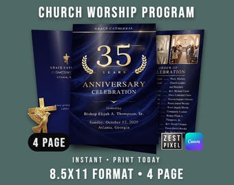 Church Anniversary Program Template Canva 4 Page Editable Worship Service Bulletin Printable
