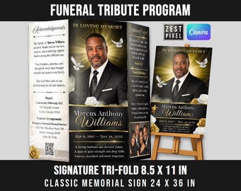 Tri Fold Funeral Program Template 8.5x11 Canva Editable + Bonus Memorial Poster 24x36