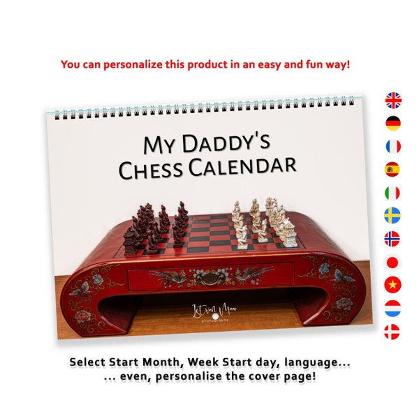 Personalised 2024 | 2025 Chess Wall Calendar Custom Week Day 12 Month Planner Amazing Sets Photo Wall Art Gift for Chess Lovers | My Daddy