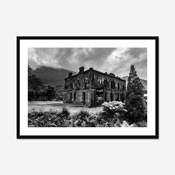 Spooky Coffee Shop Poster Misty Ruins Old Royal Hotel Photography Linda Cafe Tasmanian Art Teen Wall Decor Black and White Print or Canvas