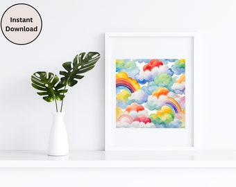 Arte del arco iris, nubes, arco iris, arte de la pared, impresiones digitales, sala de juegos para niños, decoración para niños, decoración del baño, arte digital, arte de pared digital, arte divertido