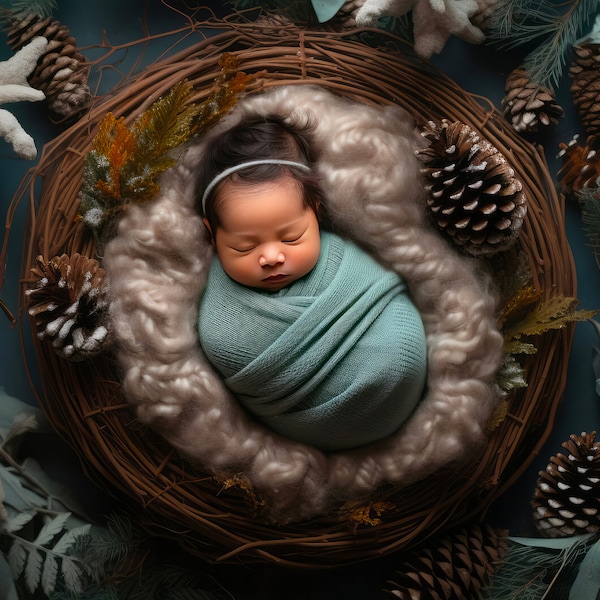 Serene Newborn Wrap, Aqua Swaddled Baby, Forest Themed Newborn Shoot, Pine Cone Baby Portrait, Peaceful Infant Photography, Winter Baby